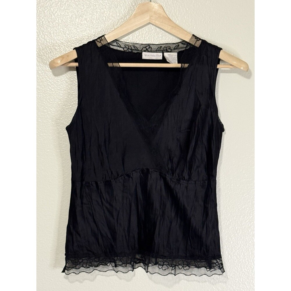 Worthington Womens Crinkle Satin Lace Trim Cami Top sz Small Black Fairy grunge